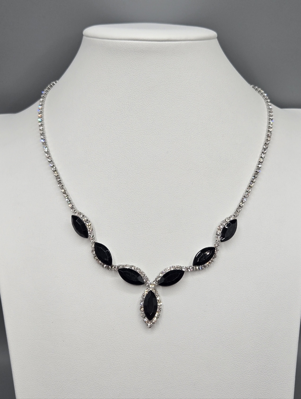 Swarovski Crystal Elements Silver Black Statement Necklace 18 - 20.5 inch